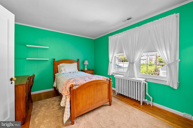 206 E Lake Ave, Baltimore, MD 21212 - bedroom featuring radiator heating unit, wood finished floors, and crown molding