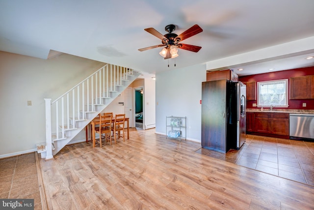 54 Apricot Ln, Levittown, PA 19055 - living area with stairway, light wood-style flooring, a ceiling fan, and recessed lighting
