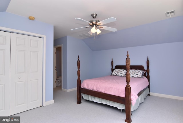 36765 Hummingbird Way N, Selbyville, DE 19975 - bedroom featuring light colored carpet, a closet, lofted ceiling, and ceiling fan