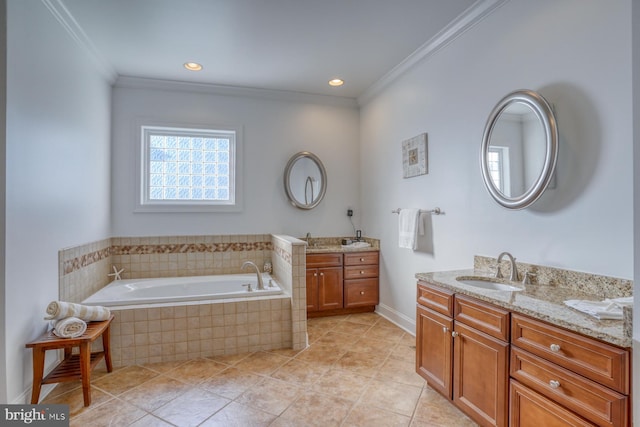 156 E Buckingham Dr, Rehoboth Beach, DE 19971 - bathroom featuring crown molding, two vanities, a bath, and tile patterned floors