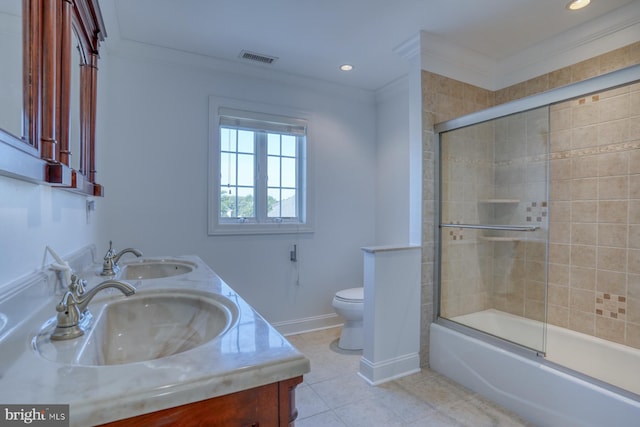 156 E Buckingham Dr, Rehoboth Beach, DE 19971 - full bathroom with crown molding, double vanity, enclosed tub / shower combo, tile patterned flooring, and recessed lighting