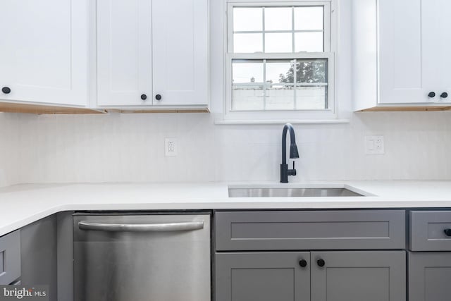 2713 E Huntingdon St, Philadelphia, PA 19125 - kitchen with stainless steel dishwasher, gray cabinetry, decorative backsplash, and white cabinets
