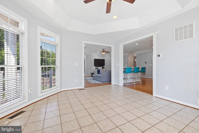 20736 Ashburn Station Pl, Ashburn, VA 20147 - unfurnished room with a ceiling fan, a raised ceiling, light tile patterned floors, and recessed lighting