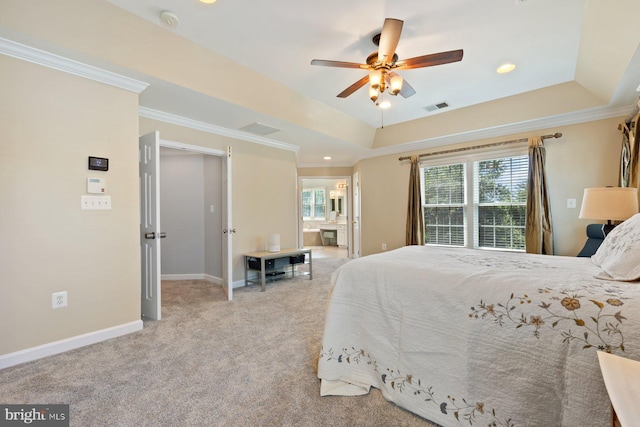 20736 Ashburn Station Pl, Ashburn, VA 20147 - bedroom featuring a raised ceiling, crown molding, light colored carpet, recessed lighting, and ensuite bathroom