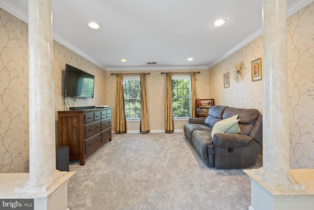 20736 Ashburn Station Pl, Ashburn, VA 20147 - living room featuring ornate columns, wallpapered walls, ornamental molding, recessed lighting, and light colored carpet