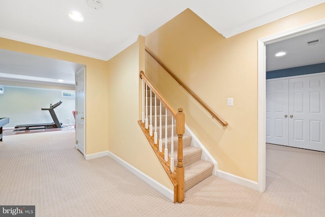 20736 Ashburn Station Pl, Ashburn, VA 20147 - stairway featuring carpet floors, ornamental molding, and recessed lighting