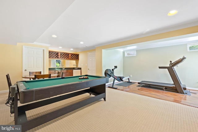 20736 Ashburn Station Pl, Ashburn, VA 20147 - game room featuring recessed lighting, bar, pool table, ornamental molding, and light colored carpet