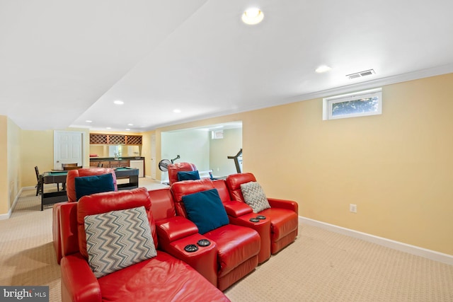 20736 Ashburn Station Pl, Ashburn, VA 20147 - home theater with carpet flooring, recessed lighting, ornamental molding, and bar area