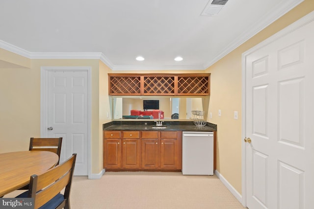 20736 Ashburn Station Pl, Ashburn, VA 20147 - kitchen featuring white dishwasher, light carpet, crown molding, recessed lighting, and brown cabinetry