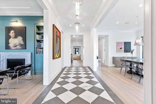 3119 38th St NW, Washington, DC 20016 - corridor with crown molding, recessed lighting, built in shelves, and tile patterned flooring