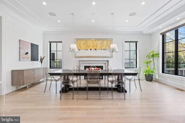 3119 38th St NW, Washington, DC 20016 - dining room with wood finished floors, a high end fireplace, ornamental molding, and recessed lighting