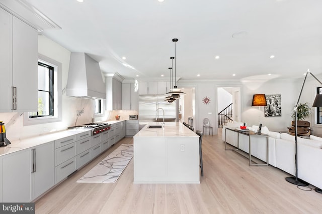 3119 38th St NW, Washington, DC 20016 - kitchen featuring premium range hood, appliances with stainless steel finishes, open floor plan, gray cabinets, and light wood-style floors