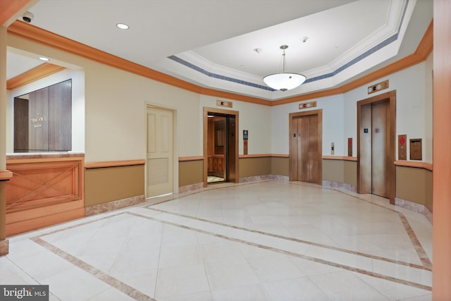 601 Pennsylvania Ave NW Unit 812, Washington, DC 20004 - unfurnished room with elevator, ornamental molding, a raised ceiling, inlaid floor details, and recessed lighting