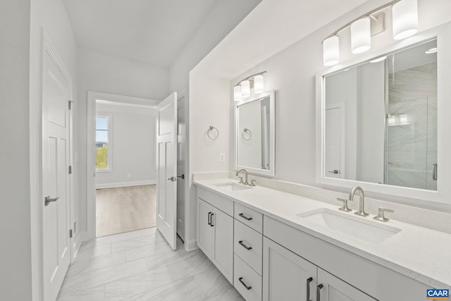 103 Laconia Ln, Charlottesville, VA 22911 - bathroom with marble look tile flooring, double vanity, and a shower stall