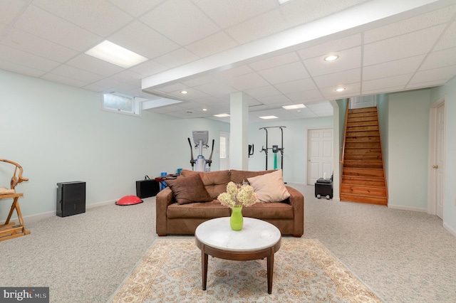 3 Baird Ct, Carlisle, PA 17013 - living room featuring carpet floors, stairway, recessed lighting, and a paneled ceiling
