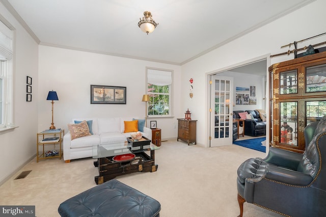 3 Baird Ct, Carlisle, PA 17013 - living area featuring carpet floors, ornamental molding, and french doors