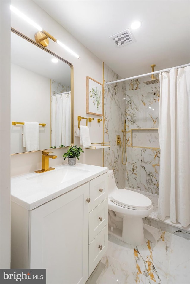 4618 Arabia Ave, Baltimore, MD 21214 - full bathroom with vanity, marble tiled flooring, a marble finish shower, and recessed lighting
