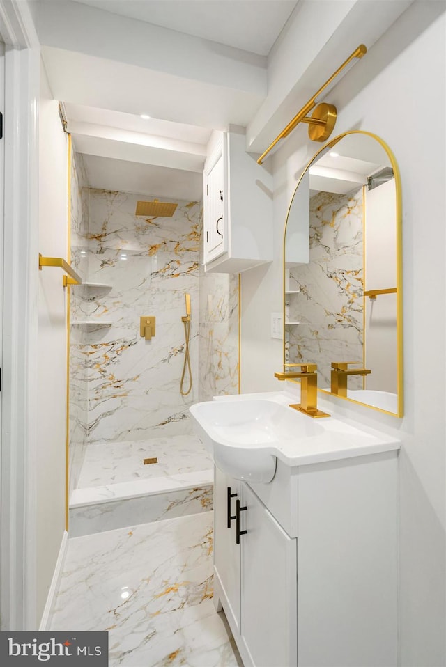 4618 Arabia Ave, Baltimore, MD 21214 - bathroom with vanity, a marble finish shower, and marble finish flooring