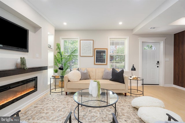 4618 Arabia Ave, Baltimore, MD 21214 - living room with healthy amount of natural light, recessed lighting, a glass covered fireplace, and light wood-style floors