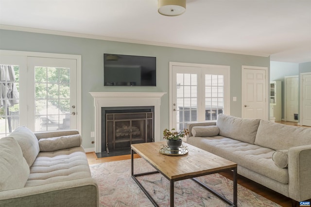 325 Heron Ln, Charlottesville, VA 22903 - living area with wood finished floors, a fireplace with flush hearth, and crown molding