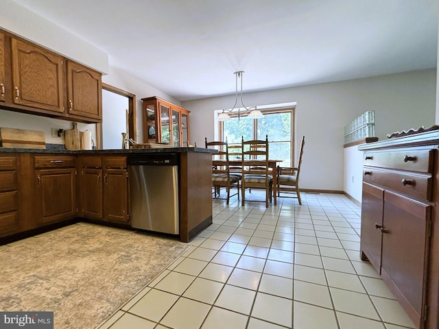 33 High Meadows Dr, Mullica Hill, NJ 08062 - kitchen featuring dishwasher, dark countertops, light tile patterned floors, and pendant lighting