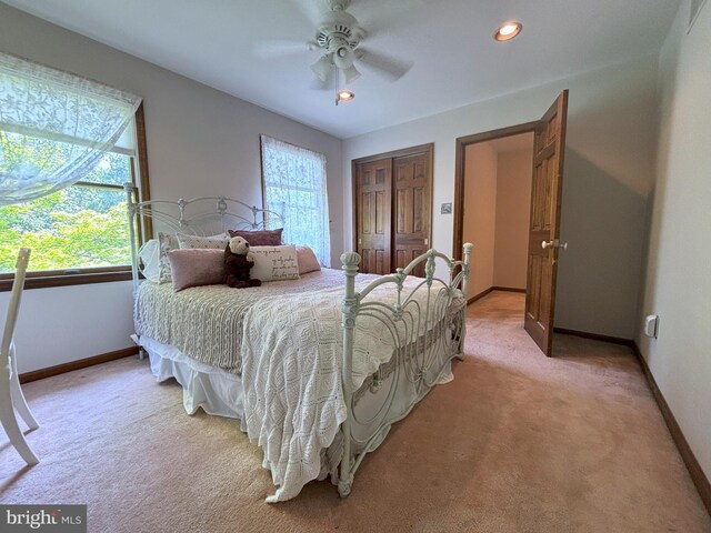 33 High Meadows Dr, Mullica Hill, NJ 08062 - bedroom with light carpet, a closet, a ceiling fan, and recessed lighting