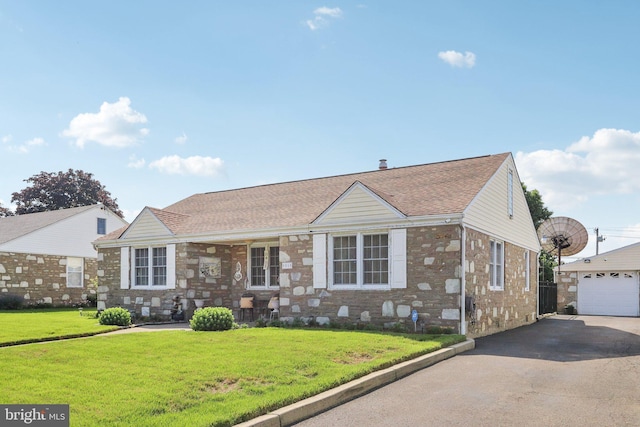 9959 Ferndale St, Philadelphia, PA 19115 - view of front of house featuring driveway, a front lawn, roof with shingles, and an outdoor structure