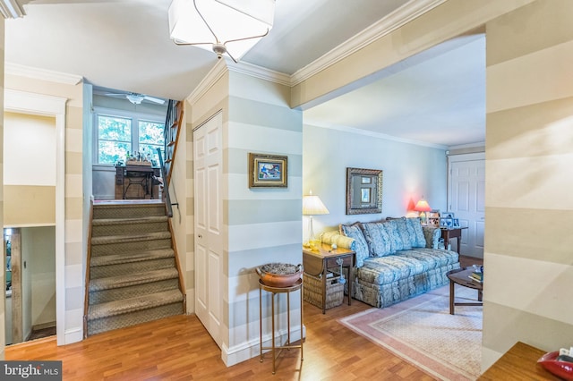 238 Winding Way Rd, Stratford, NJ 08084 - living area featuring wood finished floors, crown molding, and stairs