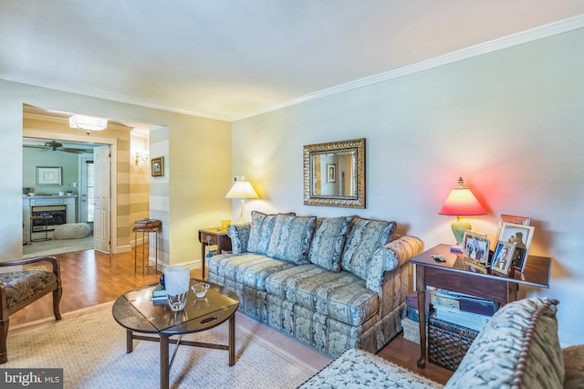 238 Winding Way Rd, Stratford, NJ 08084 - living room with ornamental molding, ceiling fan, and wood finished floors
