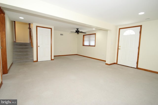 804 N Augustine St, Wilmington, DE 19804 - entrance foyer featuring light carpet, stairs, recessed lighting, and a ceiling fan
