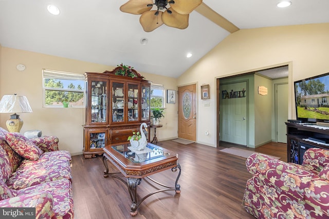 381 Youngs Dr, Front Royal, VA 22630 - living room featuring a ceiling fan, lofted ceiling, wood finished floors, healthy amount of natural light, and recessed lighting