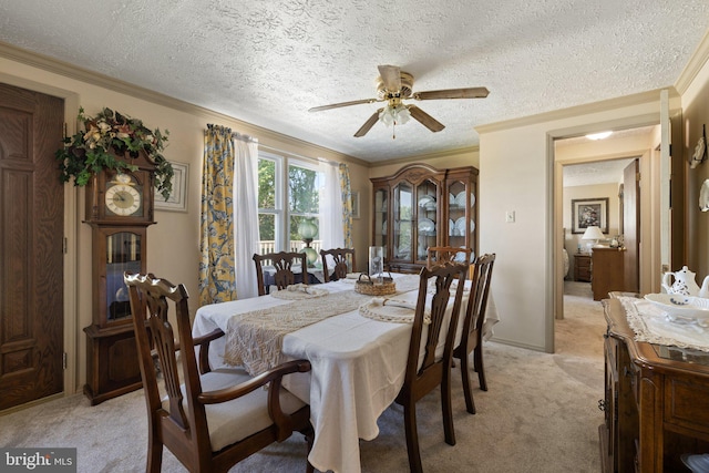 381 Youngs Dr, Front Royal, VA 22630 - dining space with light colored carpet, a ceiling fan, ornamental molding, and a textured ceiling