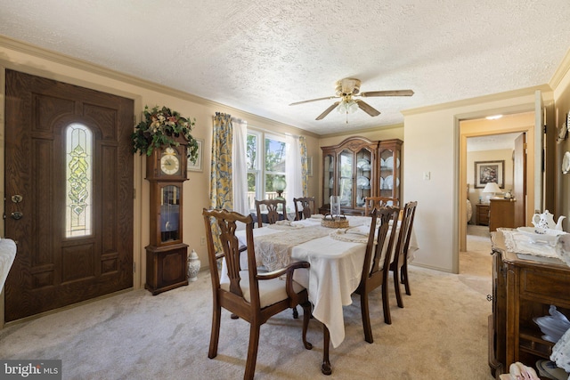 381 Youngs Dr, Front Royal, VA 22630 - dining area with light colored carpet, ornamental molding, a ceiling fan, and a textured ceiling