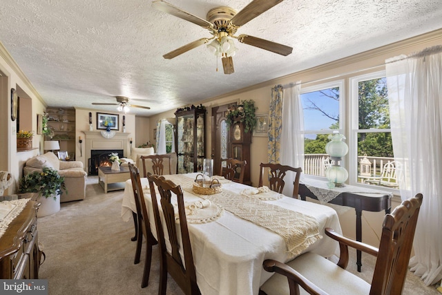 381 Youngs Dr, Front Royal, VA 22630 - dining area featuring ceiling fan, healthy amount of natural light, light colored carpet, a warm lit fireplace, and a textured ceiling