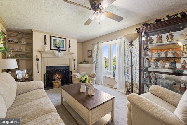 381 Youngs Dr, Front Royal, VA 22630 - living room with carpet, a textured ceiling, a lit fireplace, a ceiling fan, and ornamental molding