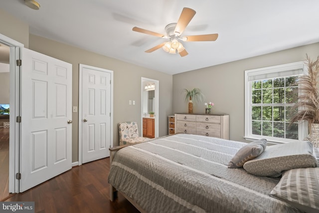 2 Evans Ln, Ruther Glen, VA 22546 - bedroom with dark wood-style flooring, ensuite bathroom, and ceiling fan