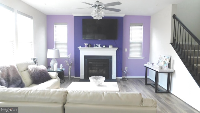 12507 Olivine Ct, Hagerstown, MD 21740 - living room featuring a ceiling fan, stairway, plenty of natural light, and wood finished floors