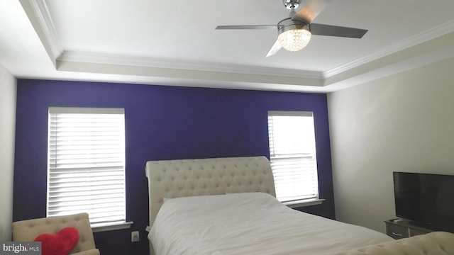 12507 Olivine Ct, Hagerstown, MD 21740 - bedroom featuring ornamental molding, a raised ceiling, and ceiling fan