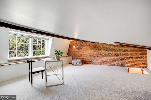 3105 17th St NW, Washington, DC 20010 - unfurnished office with brick wall, carpet flooring, and beamed ceiling