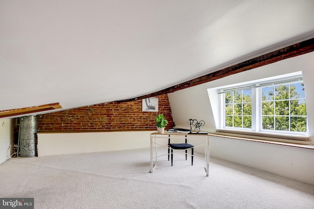 3105 17th St NW, Washington, DC 20010 - unfurnished office featuring brick wall, carpet, and vaulted ceiling