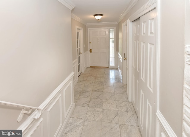 15 Constance Dr, Hamilton, NJ 08620 - corridor with light marble finish floors, a decorative wall, and crown molding