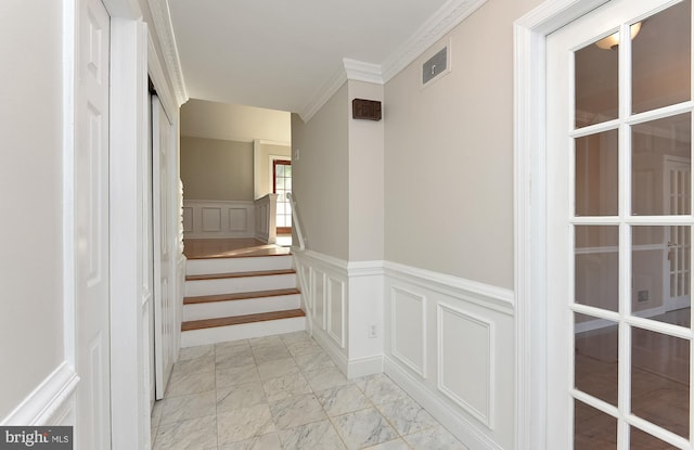 15 Constance Dr, Hamilton, NJ 08620 - stairs featuring a decorative wall, marble finish floors, wainscoting, and crown molding