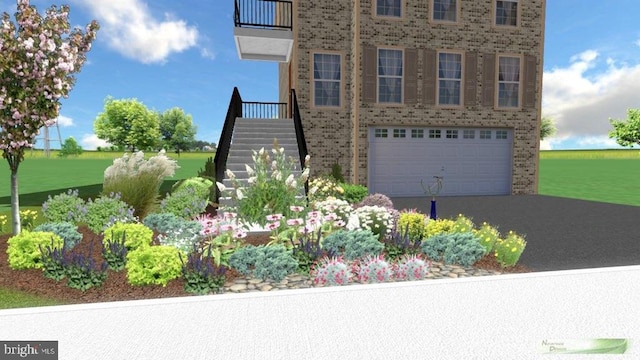 42634 Lancaster Ridge Ter, Chantilly, VA 20152 - view of front facade featuring brick siding, stairway, an attached garage, and asphalt driveway