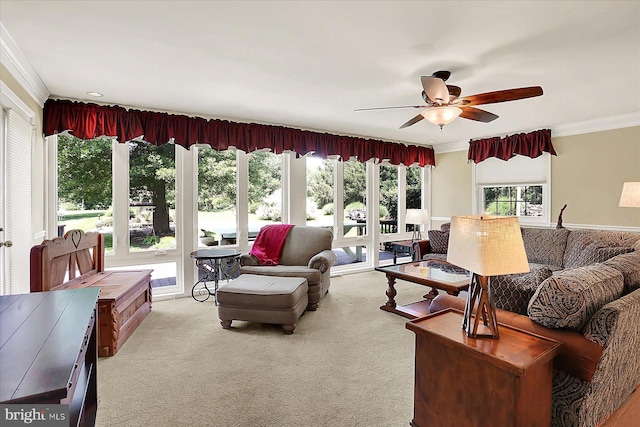 615 Beinhower Rd, Etters, PA 17319 - living area with crown molding, a ceiling fan, and light carpet