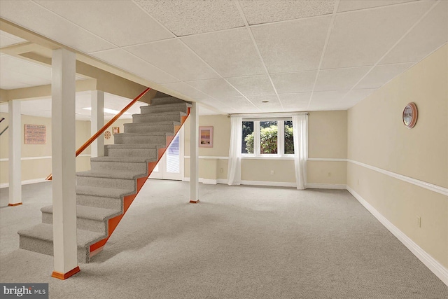 615 Beinhower Rd, Etters, PA 17319 - below grade area featuring stairway, a paneled ceiling, and carpet flooring