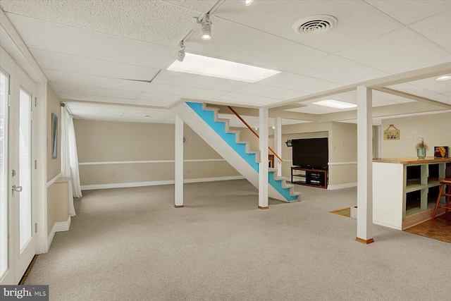 615 Beinhower Rd, Etters, PA 17319 - below grade area featuring carpet floors, stairway, a drop ceiling, and track lighting