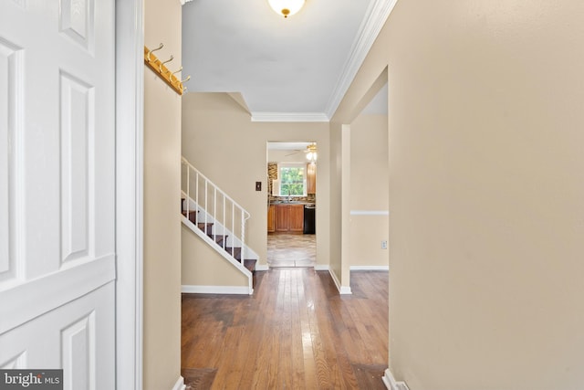 643 Comly Ave, Langhorne, PA 19047 - foyer featuring stairs, wood-type flooring, ornamental molding, and a ceiling fan