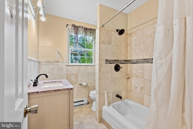 643 Comly Ave, Langhorne, PA 19047 - bathroom with baseboard heating, vanity, tile walls, shower / tub combo with curtain, and tile patterned floors