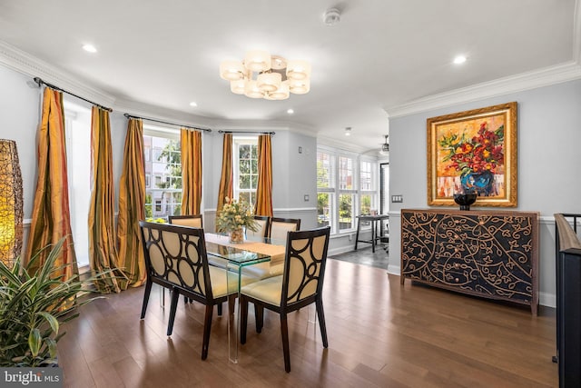 1125 K St NE, Washington, DC 20002 - dining space featuring crown molding, a chandelier, dark wood-style floors, and recessed lighting