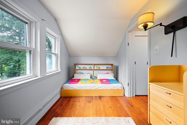 148 Reservoir Rd, Hopewell, NJ 08525 - bedroom featuring vaulted ceiling, wood finished floors, and a baseboard radiator